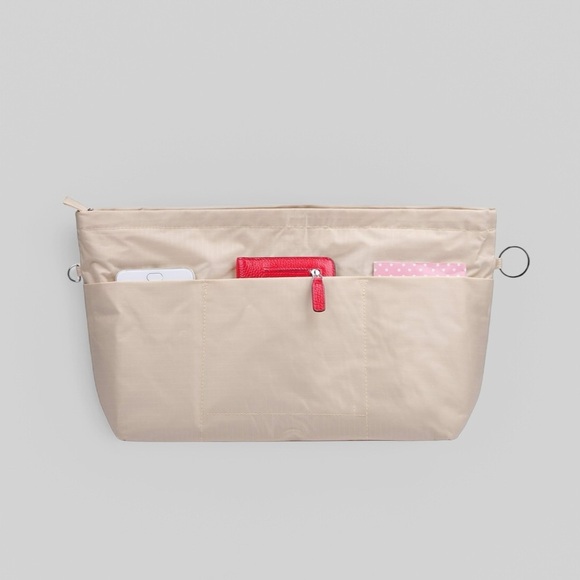 HANDBAG ORGANIZER INSERT Large Nylon Beige Zipper Pockets Neutral Lightweight - Picture 12 of 14
